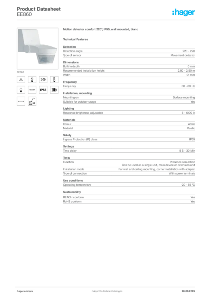 Image Hager Product data sheet EE860  | Hager