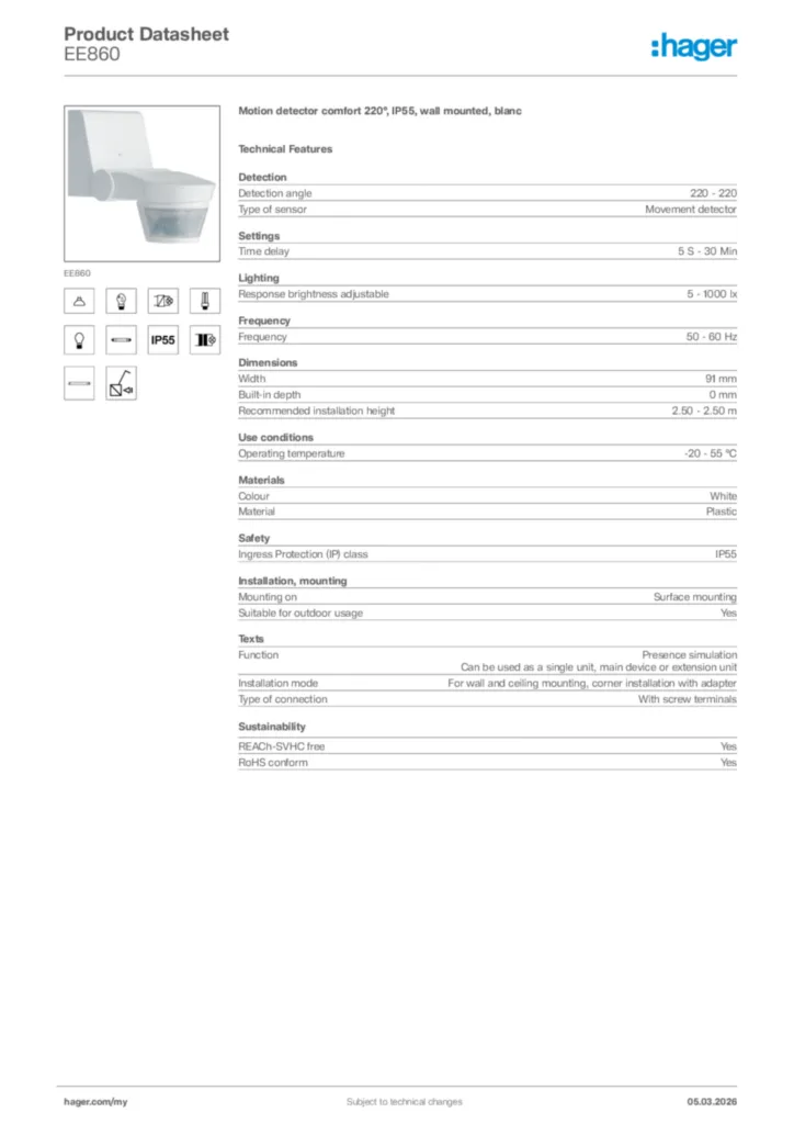 Image Hager Product data sheet EE860  | Hager