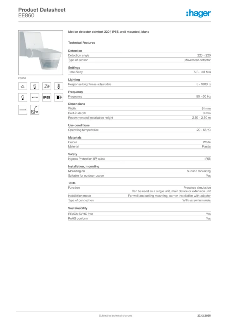 Image Hager Product data sheet EE860  | Hager