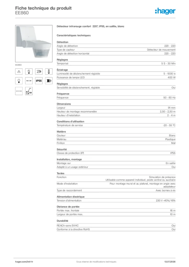 Image Hager Fiche technique du produit EE860 | Hager Afrique