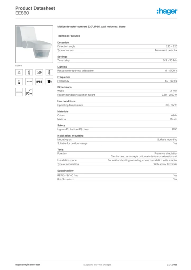 Image Hager Product data sheet EE860  | Hager
