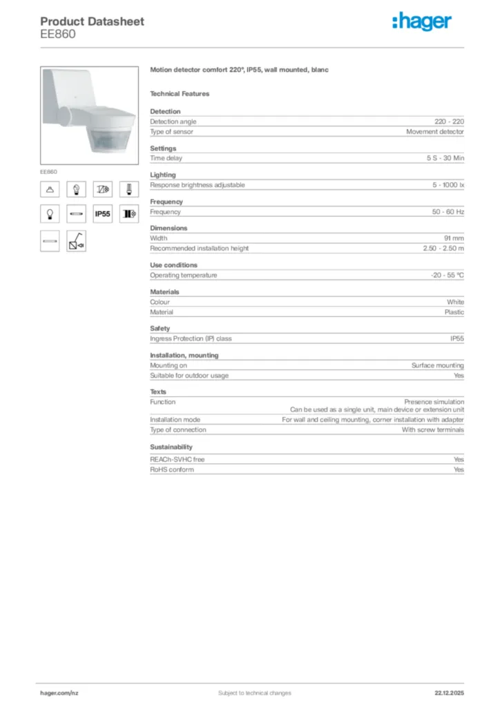 Image Hager Product data sheet EE860  | Hager New Zealand