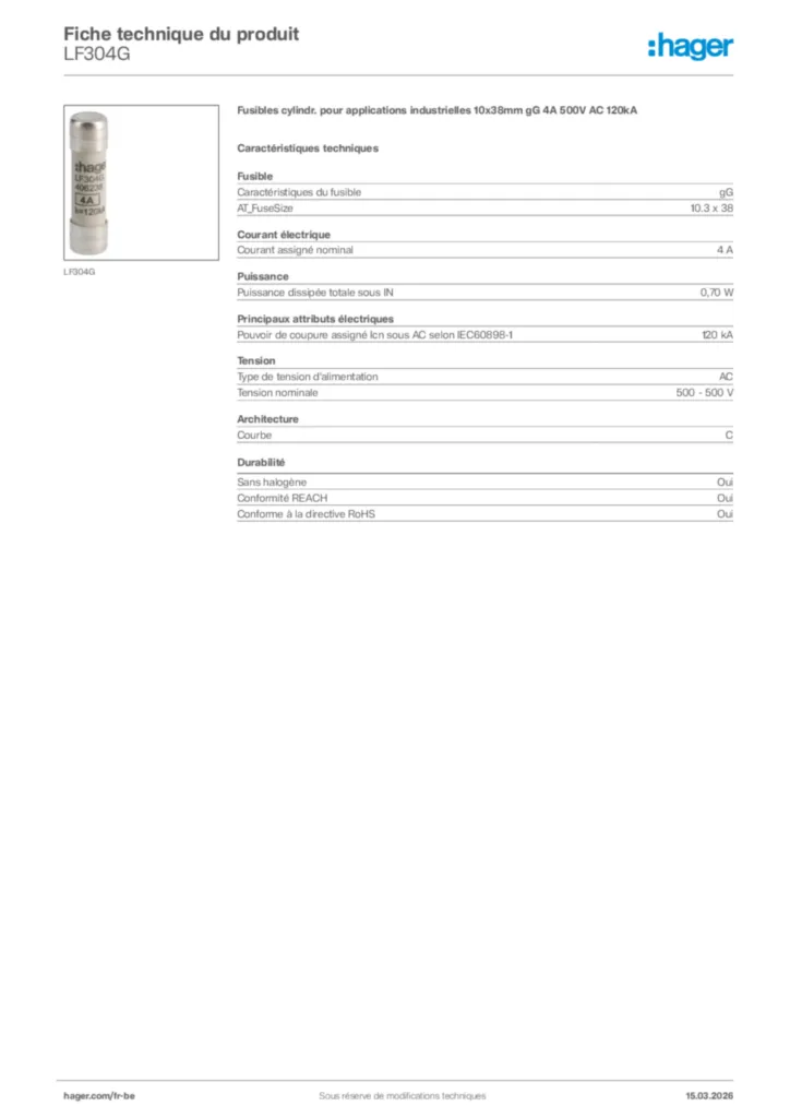 Image Hager Fiche technique du produit LF304G | Hager Belgique