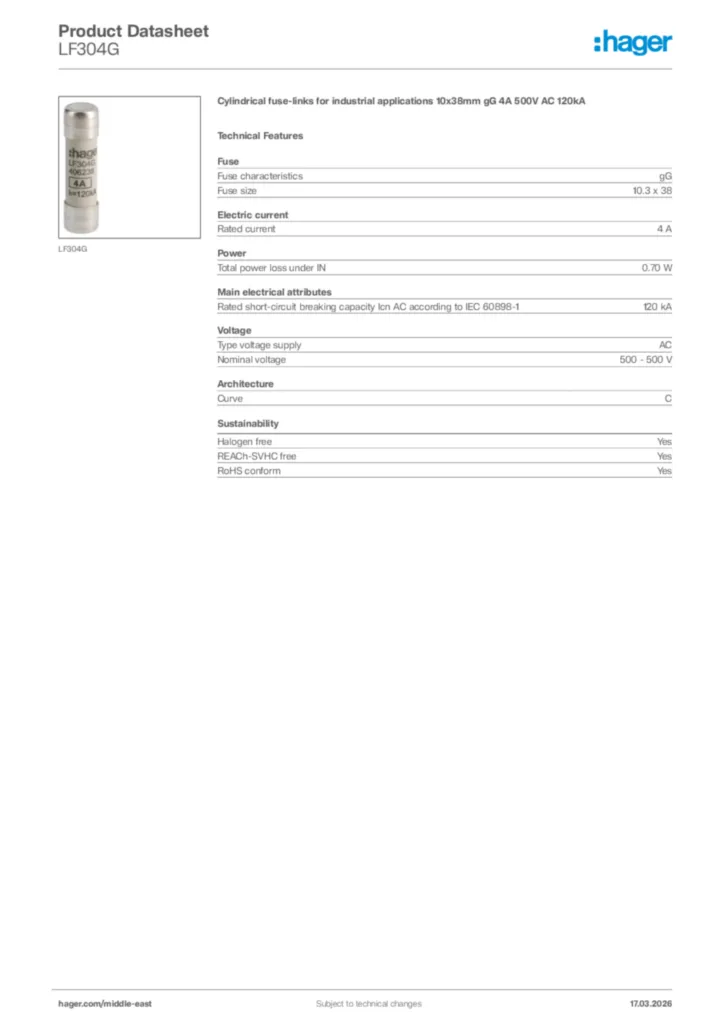 Image Hager Product data sheet LF304G  | Hager