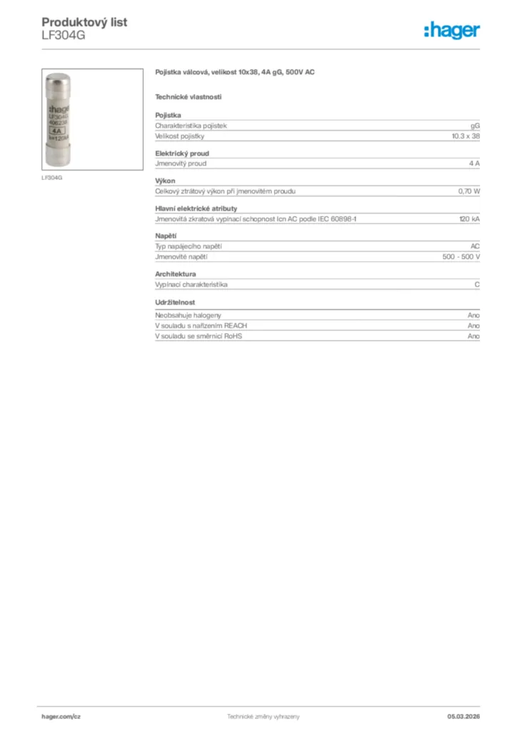 Obrázek Hager Product data sheet LF304G | Hager