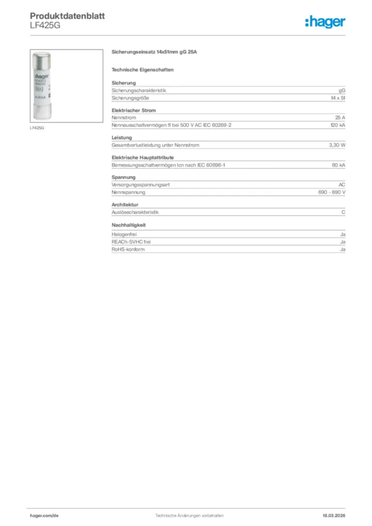 Bild Hager Produktdatenblatt LF425G | Hager Deutschland