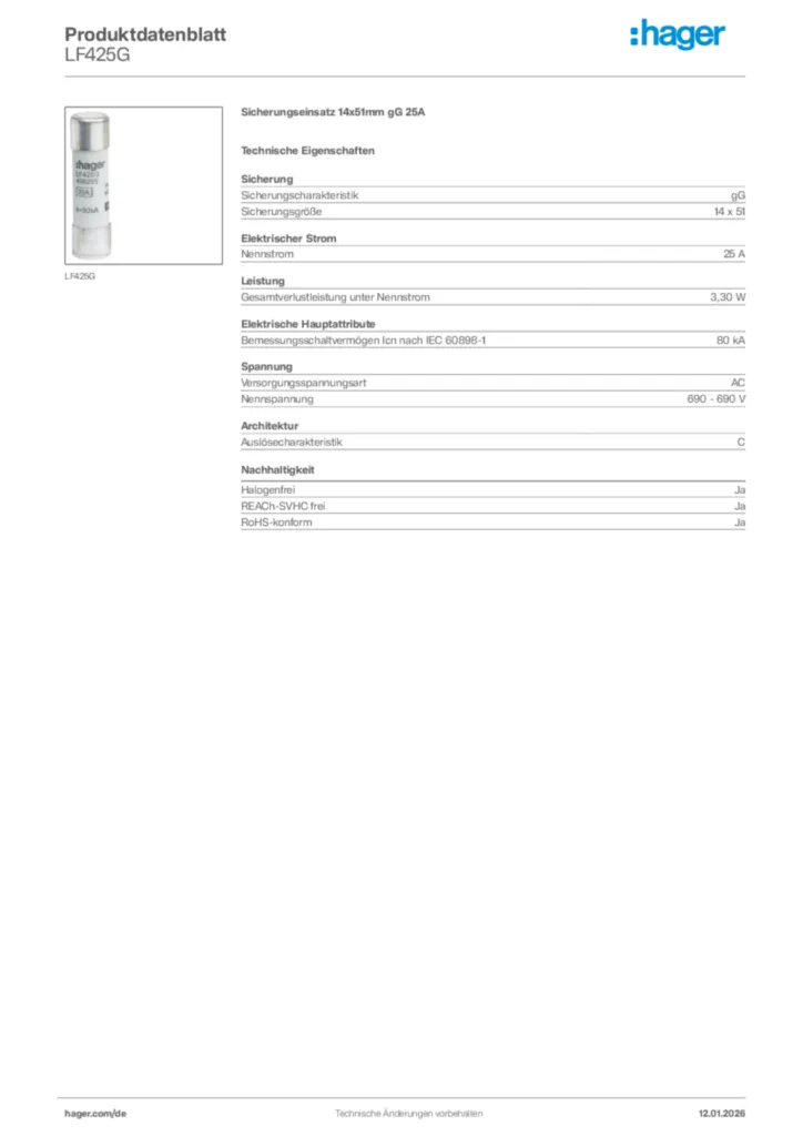 Bild Hager Produktdatenblatt LF425G | Hager Deutschland