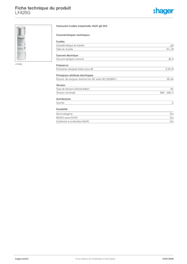 Image Hager Fiche technique du produit LF425G | Hager France