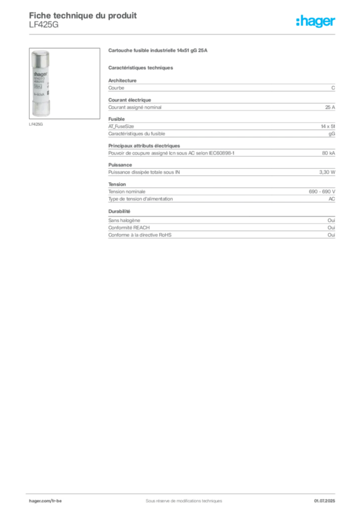 Image Hager Fiche technique du produit LF425G | Hager Belgique