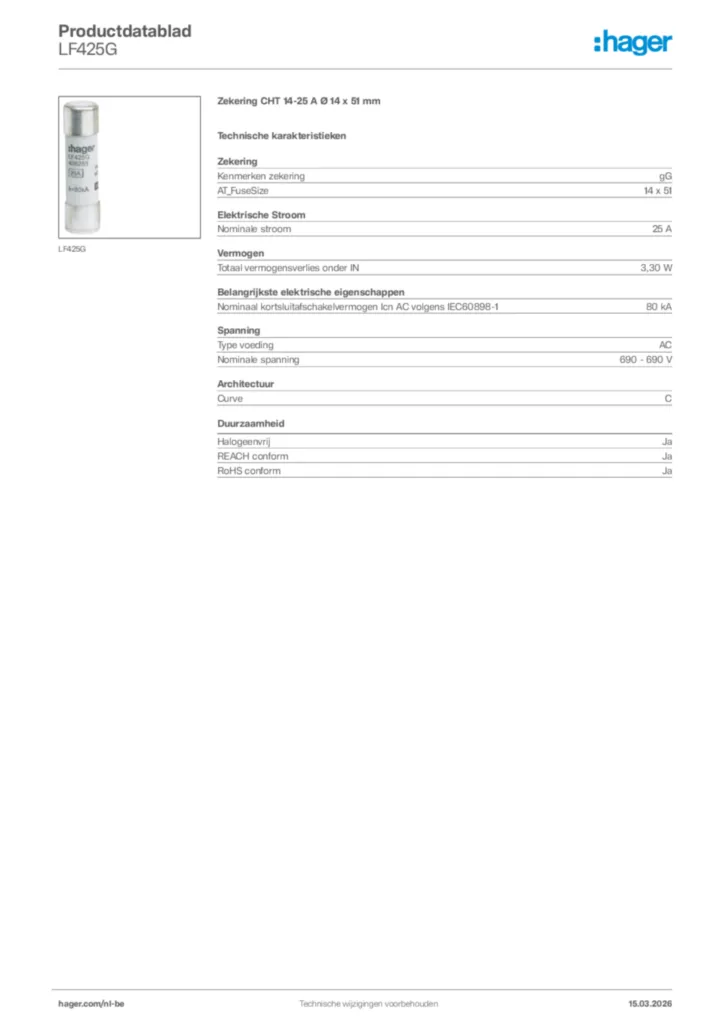 Afbeelding Hager Productdatablad LF425G | Hager Belgium