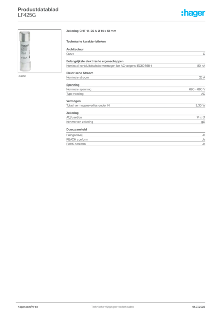 Afbeelding Hager Productdatablad LF425G | Hager Belgium