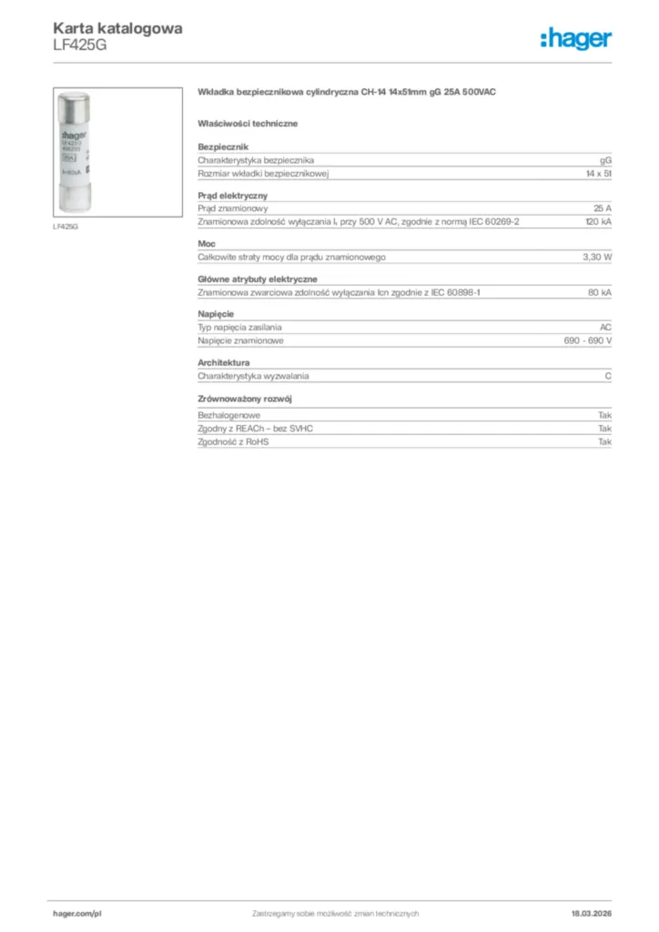 Zdjęcie Hager Karta katalogowa LF425G | Hager Polska