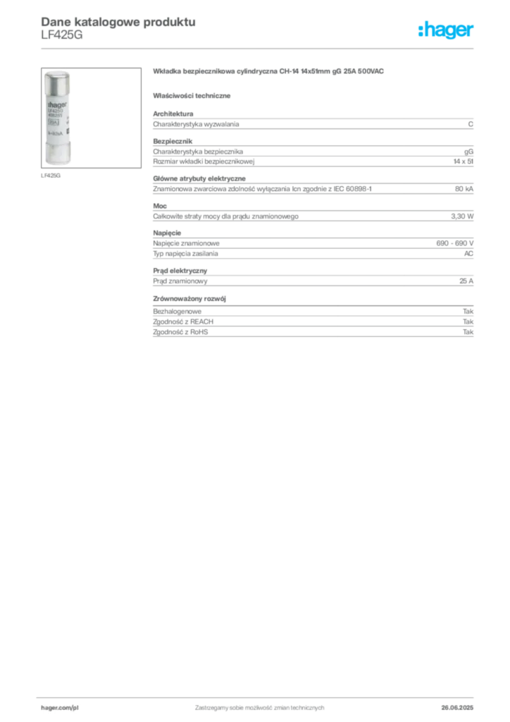 Zdjęcie Hager Dane katalogowe produktu LF425G | Hager Polska