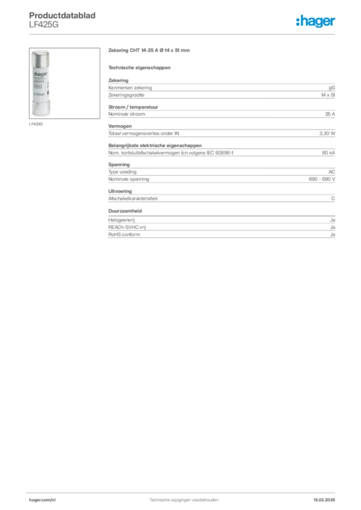 Afbeelding Hager Productdatablad LF425G | Hager Nederland