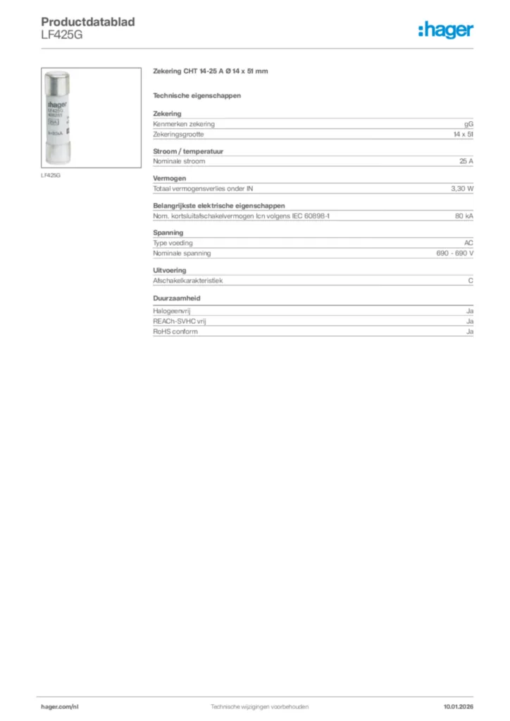 Afbeelding Hager Productdatablad LF425G | Hager Nederland