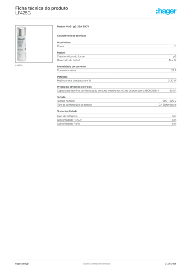 Imagem Hager Ficha técnica do produto LF425G | Hager Portugal