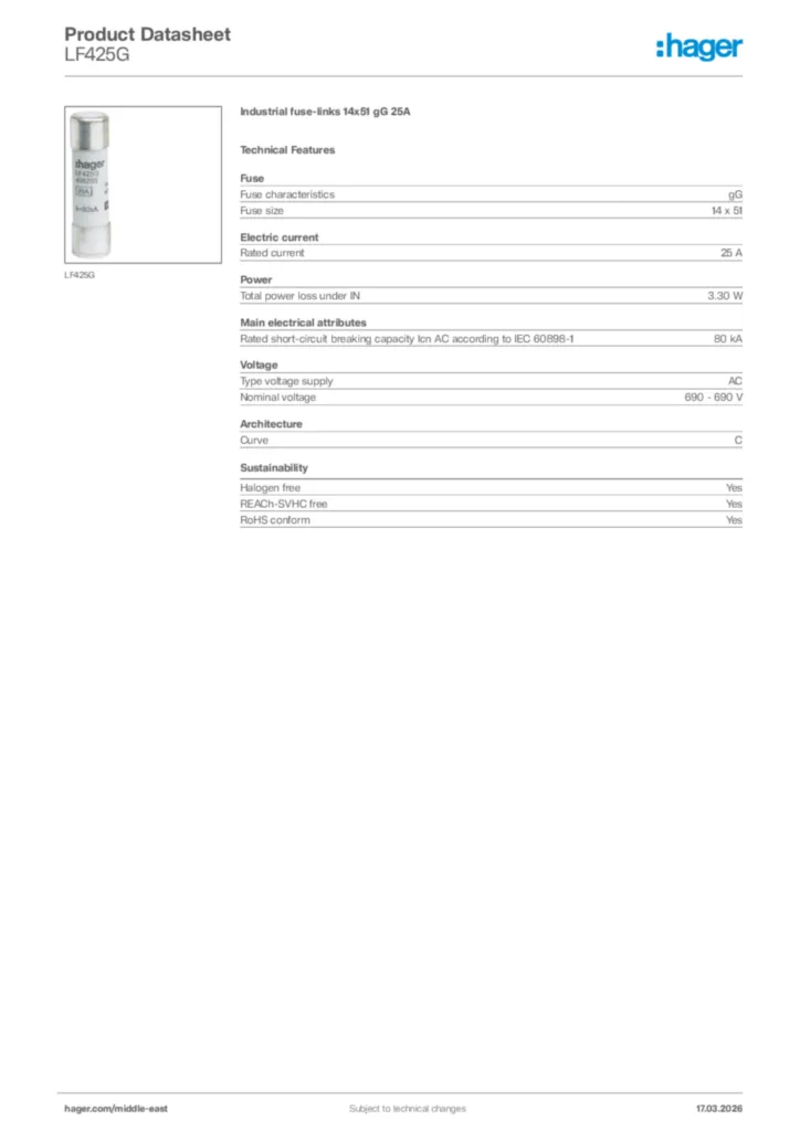Image Hager Product data sheet LF425G  | Hager