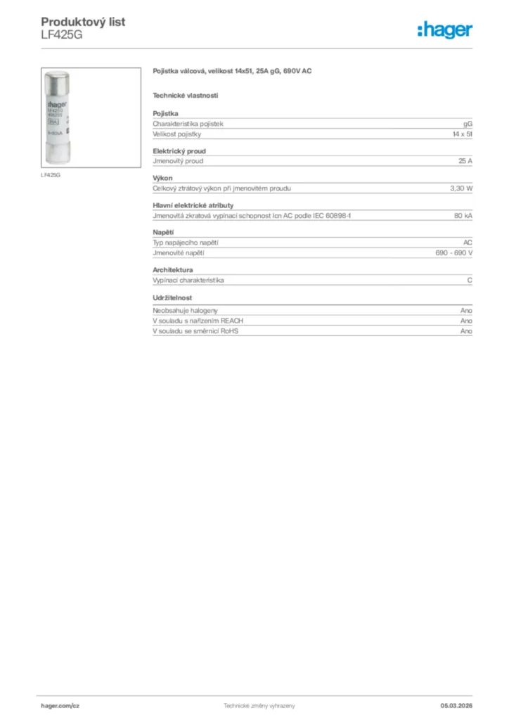 Obrázek Hager Product data sheet LF425G | Hager