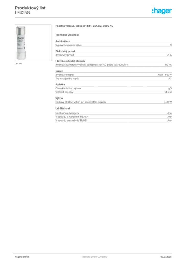Obrázek Hager Produktový list LF425G | Hager