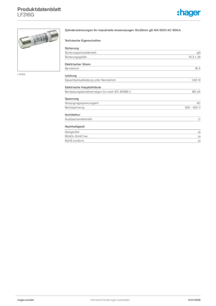 Bild Hager Produktdatenblatt LF316G | Hager Deutschland
