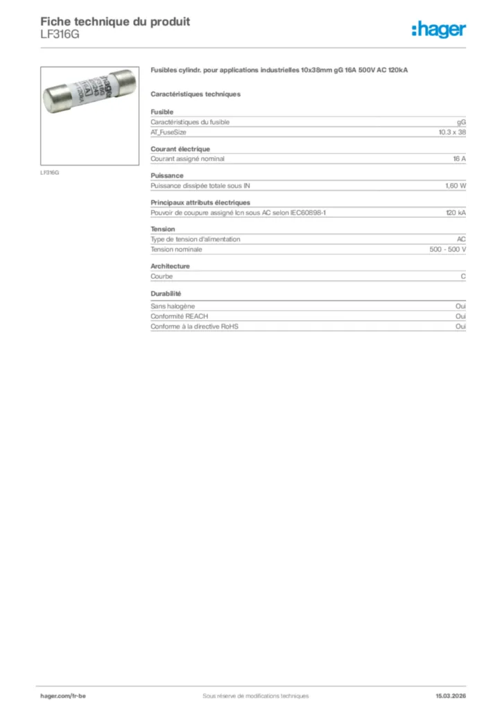 Image Hager Fiche technique du produit LF316G | Hager Belgique