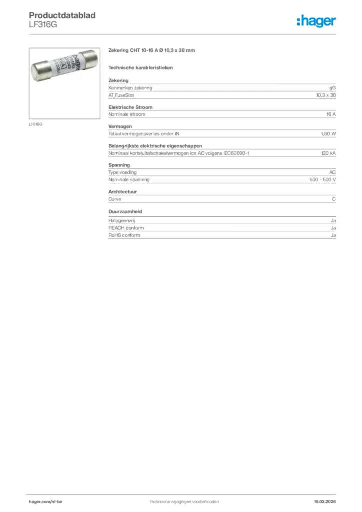 Afbeelding Hager Productdatablad LF316G | Hager Belgium