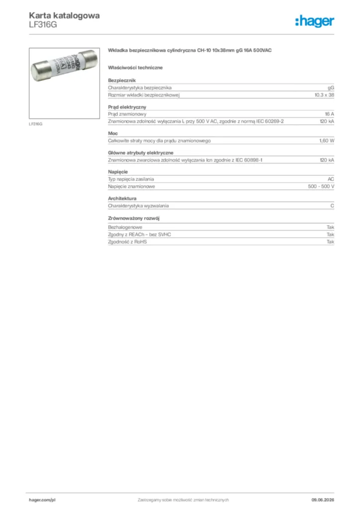Zdjęcie Hager Karta katalogowa LF316G | Hager Polska