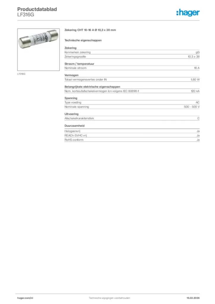 Afbeelding Hager Productdatablad LF316G | Hager Nederland
