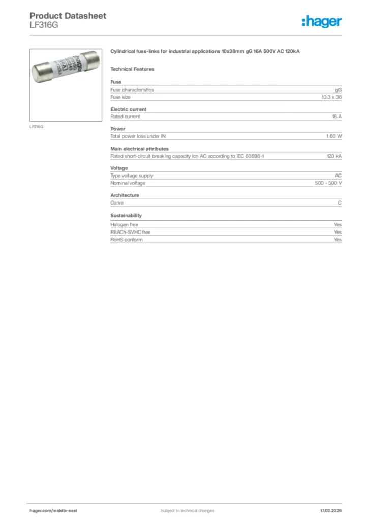 Image Hager Product data sheet LF316G  | Hager