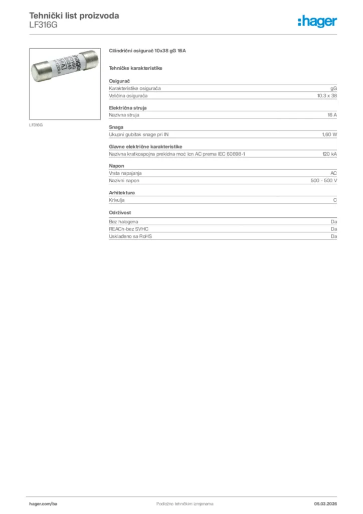 Slika Hager Tehnički list proizvoda LF316G  | Hager