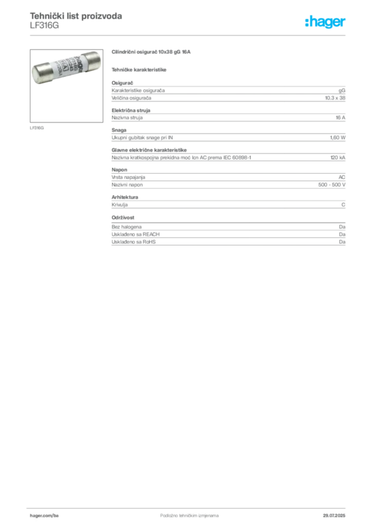 Slika Hager Product data sheet LF316G  | Hager