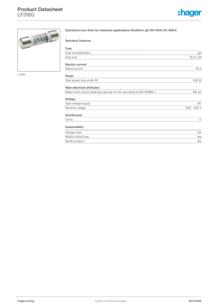 Image Hager Product data sheet LF316G  | Hager