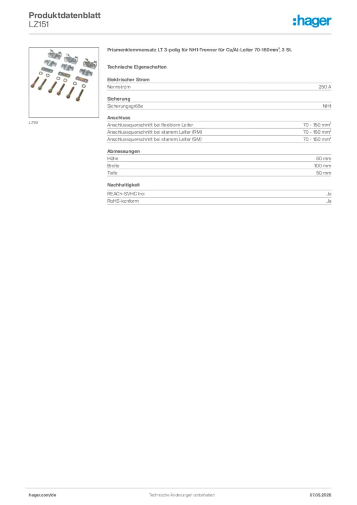 Bild Hager Produktdatenblatt LZ151 | Hager Deutschland