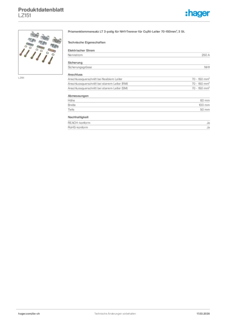 Bild Hager Produktdatenblatt LZ151 | Hager Schweiz