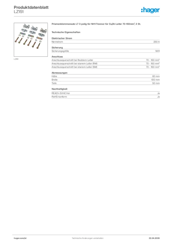 Bild Hager Produktdatenblatt LZ151 | Hager Deutschland