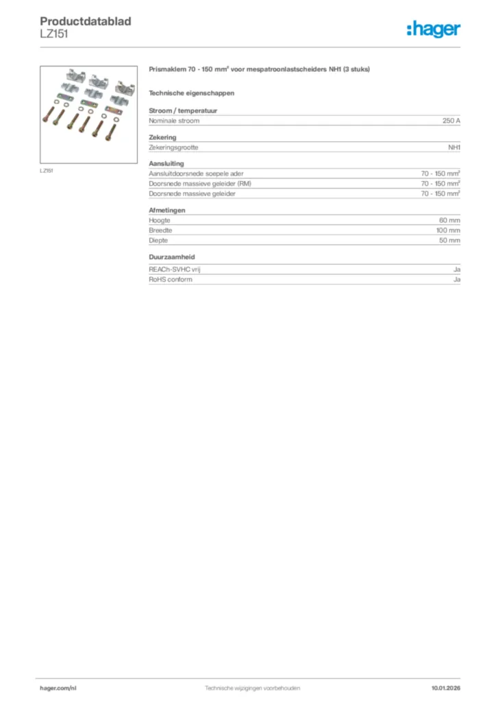 Afbeelding Hager Productdatablad LZ151 | Hager Nederland