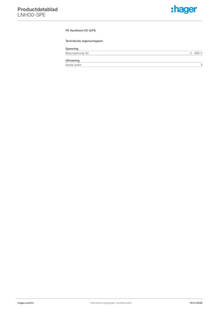 Afbeelding Hager Productdatablad LNH00-SPE | Hager Nederland