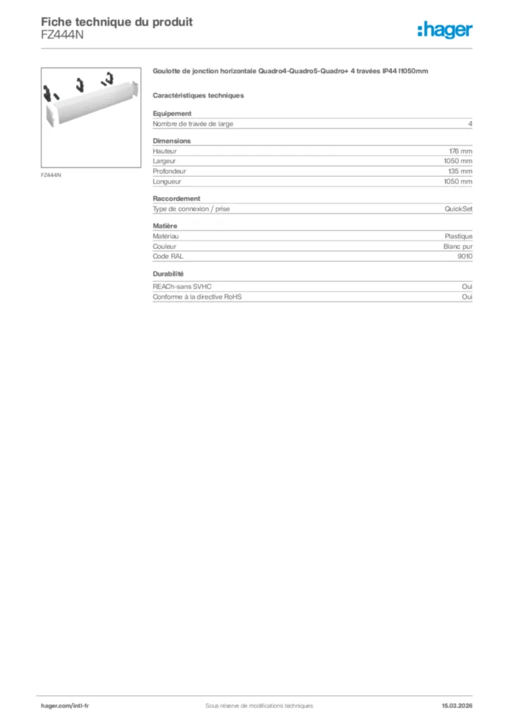 Image Hager Fiche technique du produit FZ444N | Hager Afrique