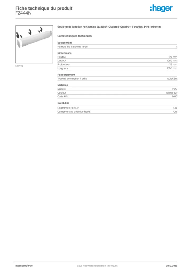 Image Hager Fiche technique du produit FZ444N | Hager Belgique