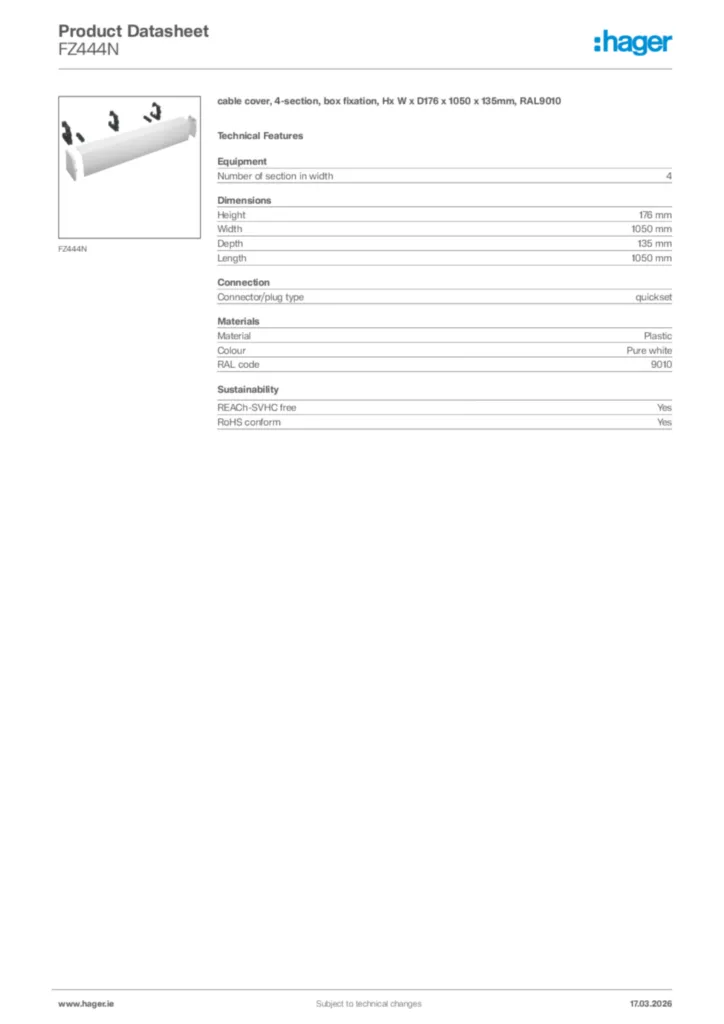 Image Hager Product data sheet FZ444N  | Hager