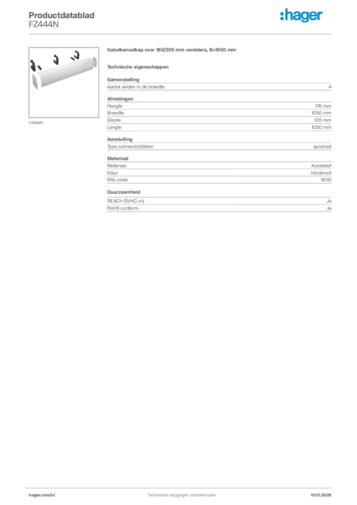 Afbeelding Hager Productdatablad FZ444N | Hager Nederland