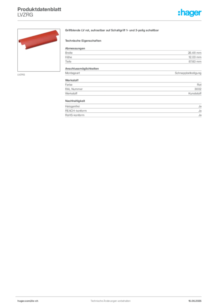 Bild Hager Produktdatenblatt LVZRG | Hager Schweiz