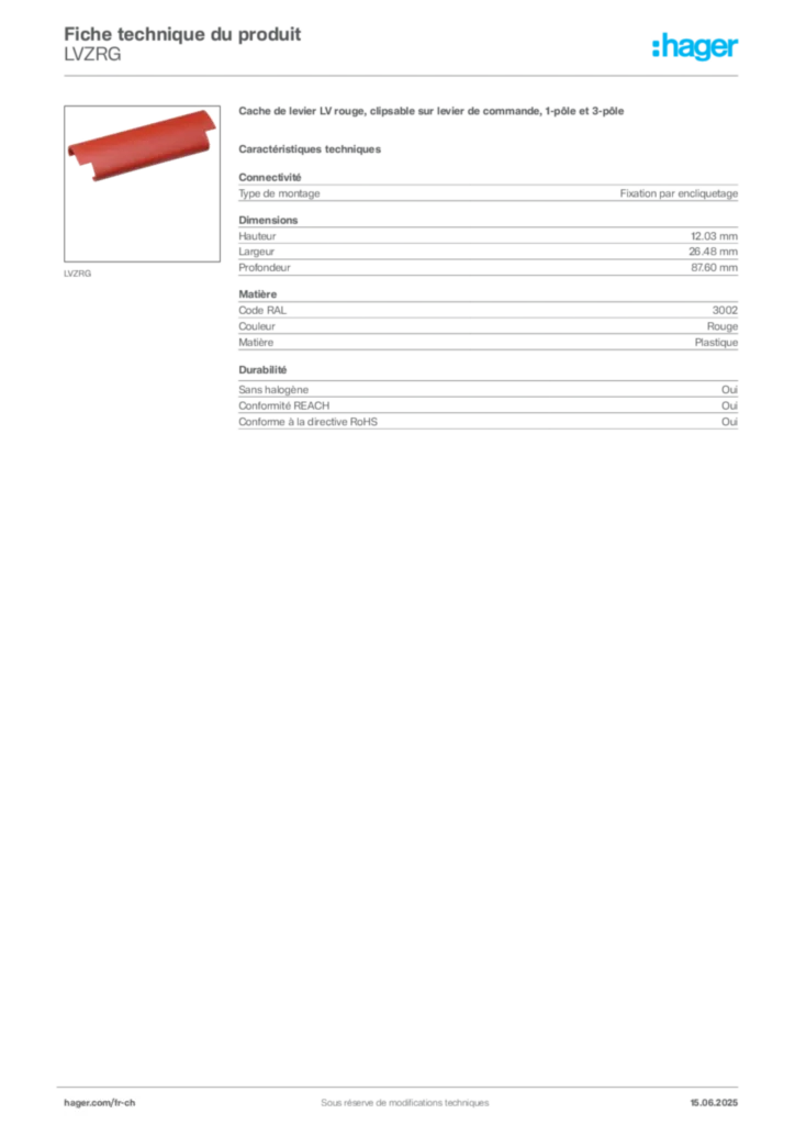 Image Hager Fiche technique du produit LVZRG | Hager Suisse