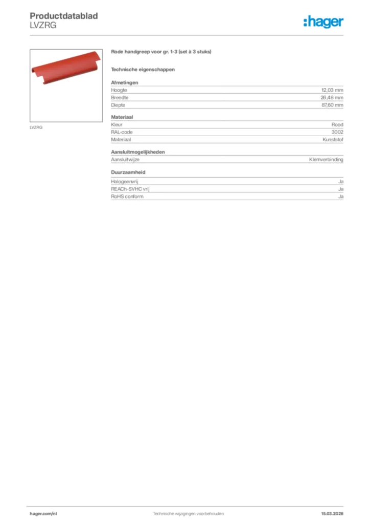 Afbeelding Hager Productdatablad LVZRG | Hager Nederland