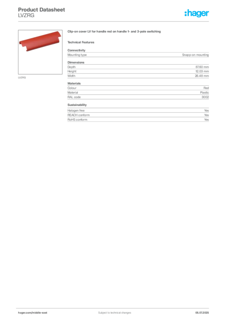 Image Hager Product data sheet LVZRG  | Hager