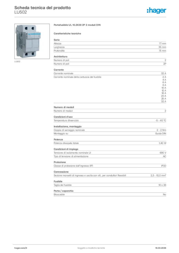 Immagine Hager Scheda tecnica del prodotto LU502 | Hager Italia