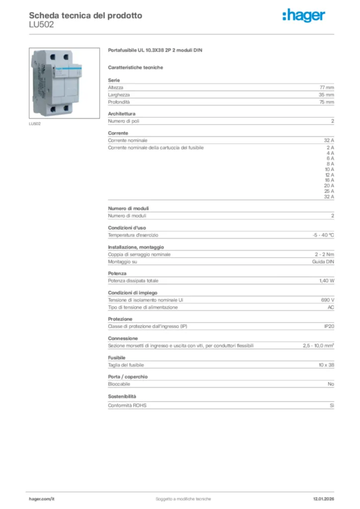 Immagine Hager Scheda tecnica del prodotto LU502 | Hager Italia