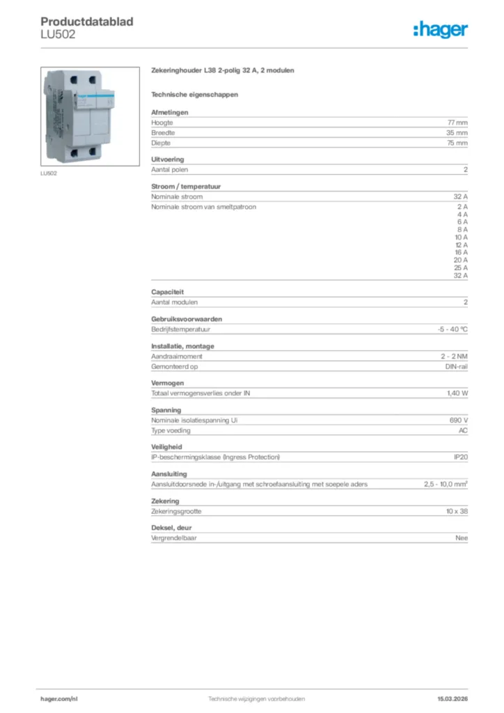 Afbeelding Hager Productdatablad LU502 | Hager Nederland