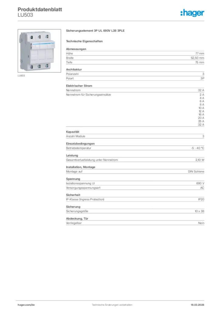 Bild Hager Produktdatenblatt LU503 | Hager Deutschland