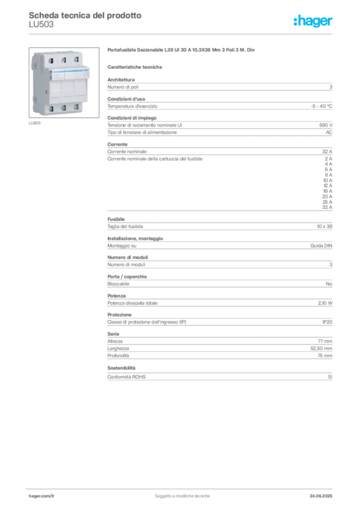 Immagine Hager Scheda tecnica del prodotto LU503 | Hager Italia